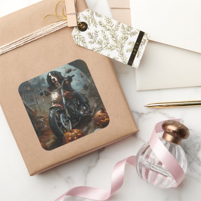 Pegatina Cuadrada Montaña de Bernese Motocicleta Halloween Scary (Regalar)