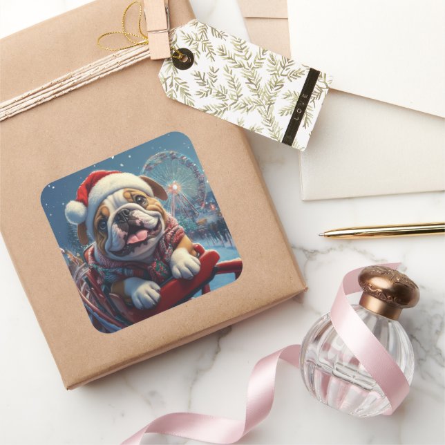 Pegatina Cuadrada Montaña Rusa de Bulldog Navidad (Regalar)