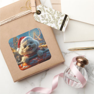 Pegatina Cuadrada Montaña Rusa de Perro Bichon Frise Navidad