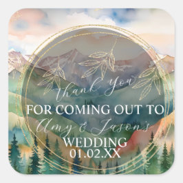 Pegatina Cuadrada Montaña Watercolor Scenery Boda de destino