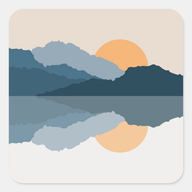 Pegatina Cuadrada Montañas azules reflejadas en el lago (Anverso)