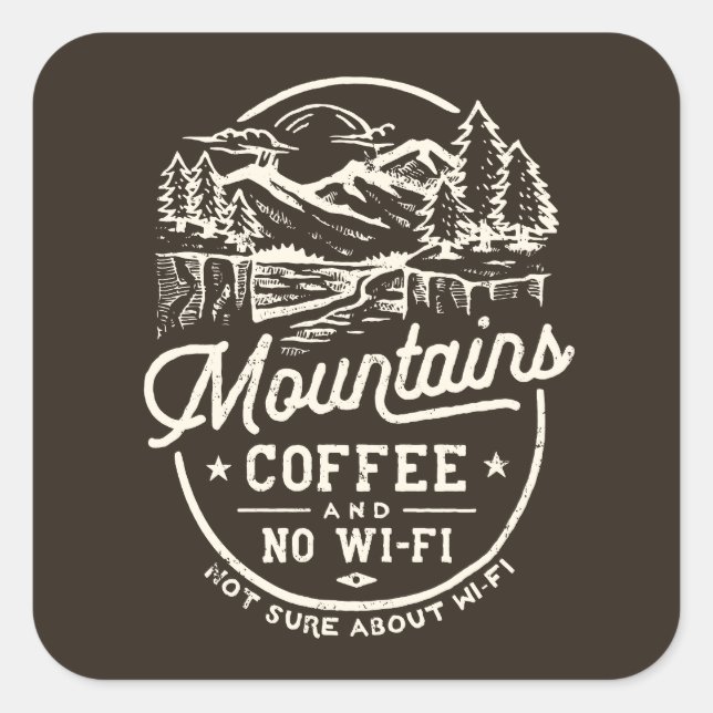 Pegatina Cuadrada Montañas Café Wi-Fi Funny (Anverso)