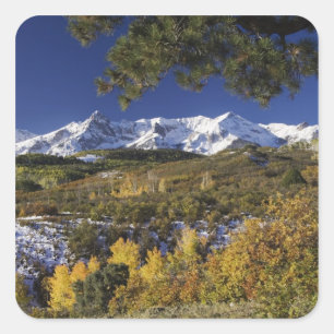 Pegatina Cuadrada Montañas de San Juan y árboles de Aspen en colorid
