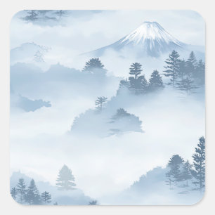 Pegatina Cuadrada Montañas minimalistas cubiertas de nieve azul blan