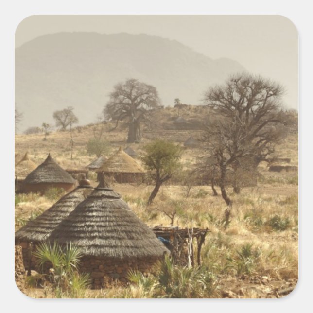 Pegatina Cuadrada Montañas Nuba, aldea de Nugera (Anverso)