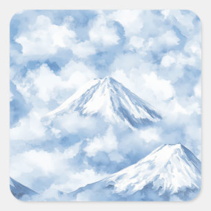 Pegatina Cuadrada Montañas suaves acuarela nieve nubes azul blanco