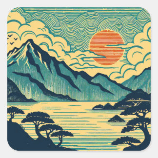 Pegatina Cuadrada Montañas Teal de bloque de madera japonés Atardece