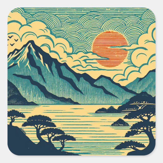 Pegatina Cuadrada Montañas Teal de bloque de madera japonés Atardece (Anverso)