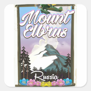 Pegatina Cuadrada Monte Elbrus, cartel de viaje ruso