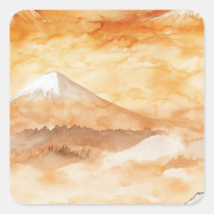 Pegatina Cuadrada Monte Fuji al amanecer acuarela paisaje naranja