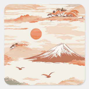 Pegatina Cuadrada Monte Fuji Amanecer Dorado Patrón de Acuarela Japó