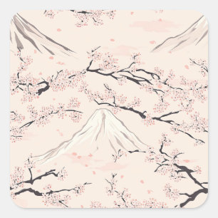 Pegatina Cuadrada Monte Fuji con Flores de Cerezo – Japonés