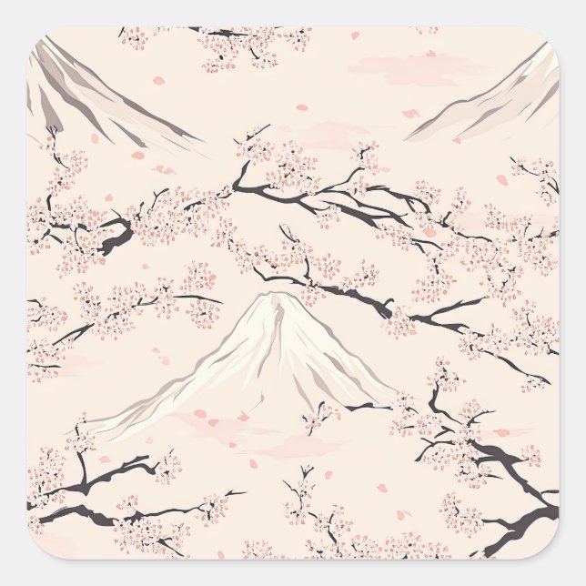 Pegatina Cuadrada Monte Fuji con Flores de Cerezo – Japonés (Anverso)