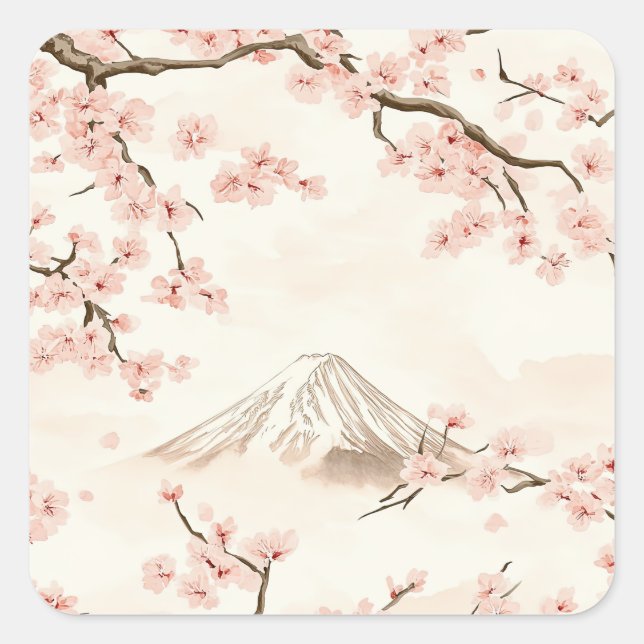 Pegatina Cuadrada Monte Fuji con Flores de Cerezo – Japonés (3) (Anverso)