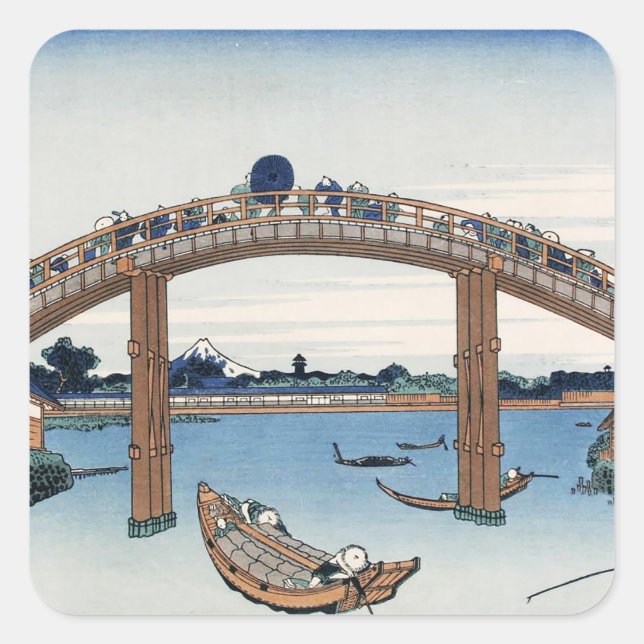 Pegatina Cuadrada Monte Fuji Housai visto desde debajo del puente ma (Anverso)