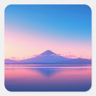 Pegatina Cuadrada Monte Fuji reflejándose en un lago tranquilo