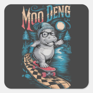 Pegatina Cuadrada Moo Deng Hippo encantador