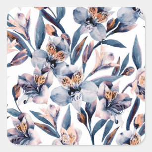 Pegatina Cuadrada Moody Alstroemeria: Patrón de flores acuáticas