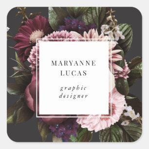 Pegatina Cuadrada Moody Dark Floral Elegante tarjeta de visita
