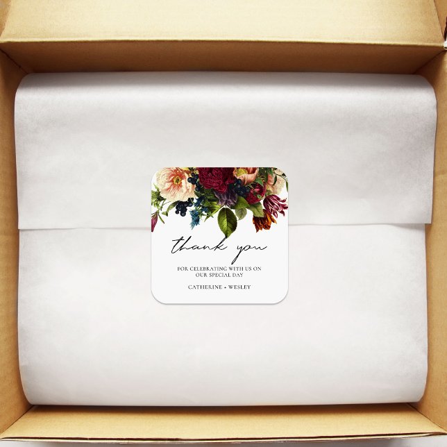 Pegatina Cuadrada Moody Floral Burgundy Boda (Subido por el creador)