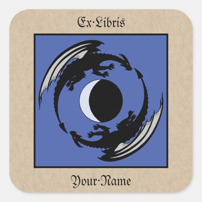 Pegatina Cuadrada Moon Dragons Fantasy Design Bookplate (Anverso)