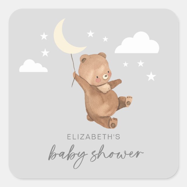 Pegatina Cuadrada Moon Stars Bear Baby Shower (Anverso)