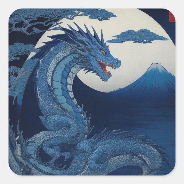 Pegatina Cuadrada Moonlit Dragon of Fuji Square Sticker (Anverso)