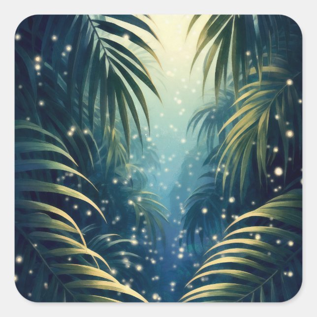 Pegatina Cuadrada Moonlit palm leaves with fireflies, watercolor art (Anverso)