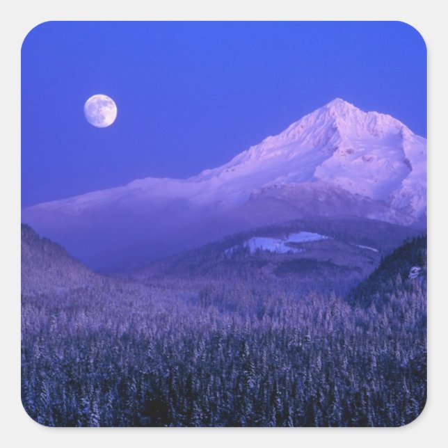 Pegatina Cuadrada Moonrise over Mt Hood winter, Oregon (Anverso)