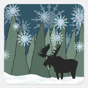 Pegatina Cuadrada Moose en el bosque de copos de nieve