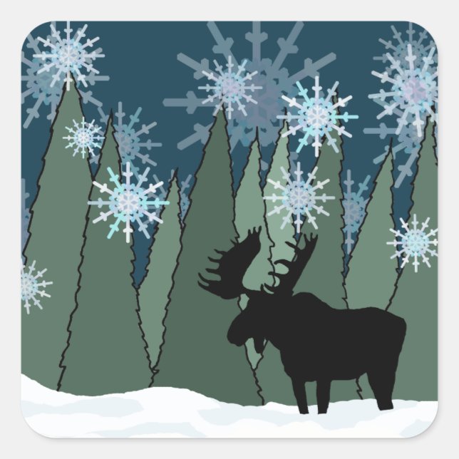 Pegatina Cuadrada Moose en el bosque de copos de nieve (Anverso)