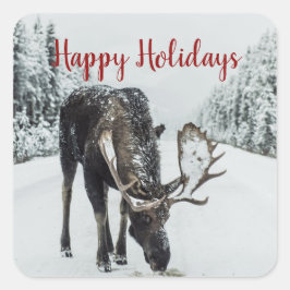 Pegatina Cuadrada Moose In Winter Snow Navidades