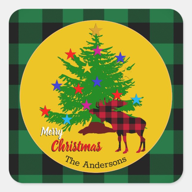 Pegatina Cuadrada Moose Rústico, Árbol de Navidad, apellido, Placa (Anverso)