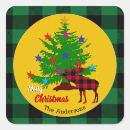 Pegatina Cuadrada Moose Rústico, Árbol de Navidad, apellido, Placa
