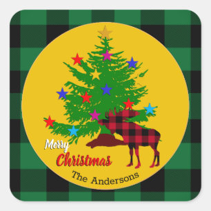 Pegatina Cuadrada Moose Rústico, Árbol de Navidad, apellido, Placa