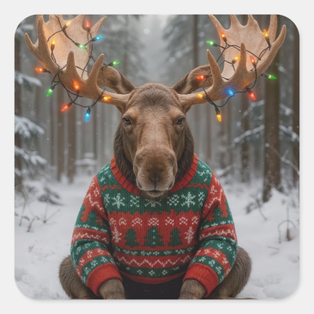 Pegatina Cuadrada Moose Wearing Ugly Christmas Sweater (Anverso)