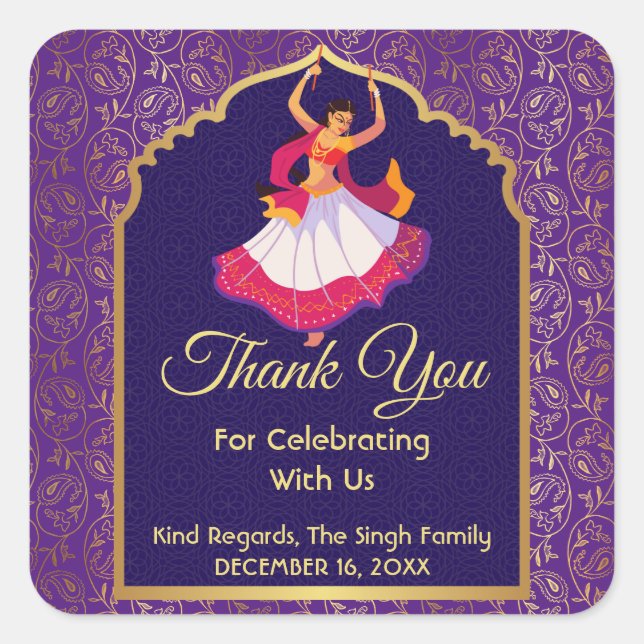 Pegatina Cuadrada Morado de la frontera dorada del patrón árabe asiá (Anverso)