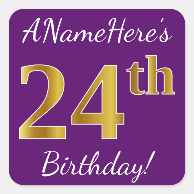 Pegatina Cuadrada Morado, Faux Gold 24th Birthday + Nombre personali (Anverso)