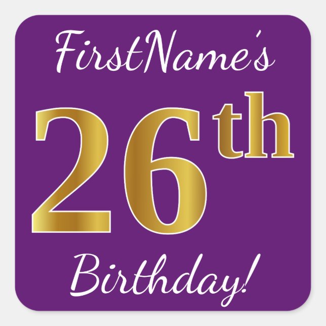 Pegatina Cuadrada Morado, Faux Gold 26th Birthday + Nombre personali (Anverso)
