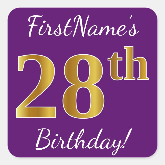 Pegatina Cuadrada Morado, Faux Gold 28th Birthday + Nombre personali (Anverso)