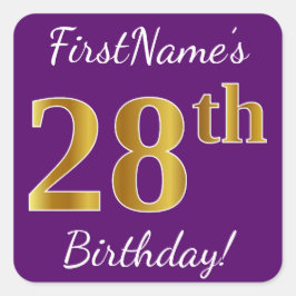Pegatina Cuadrada Morado, Faux Gold 28th Birthday + Nombre personali