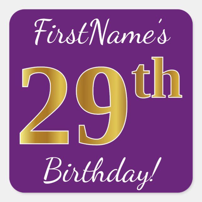 Pegatina Cuadrada Morado, Faux Gold 29th Birthday + Nombre personali (Anverso)