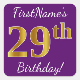 Pegatina Cuadrada Morado, Faux Gold 29th Birthday + Nombre personali