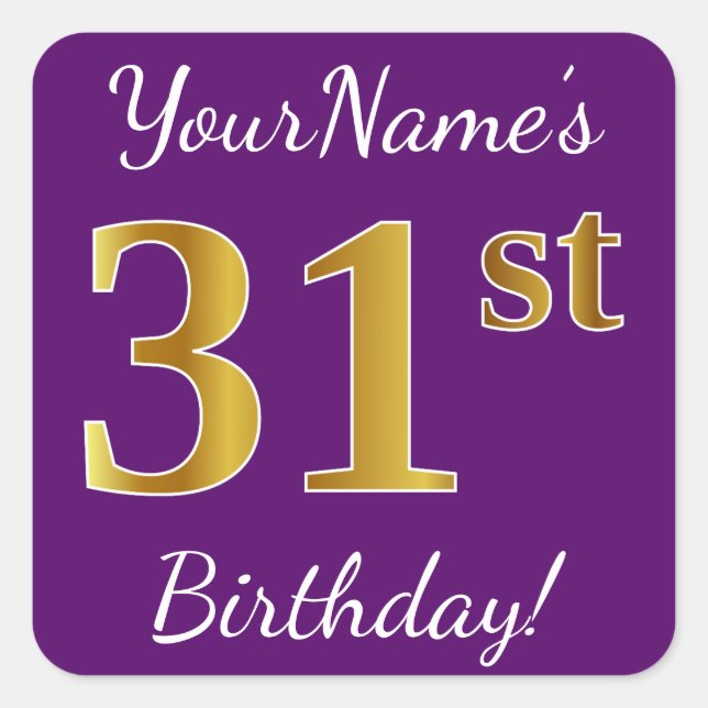Pegatina Cuadrada Morado, Faux Gold 31st Birthday + Nombre personali (Anverso)