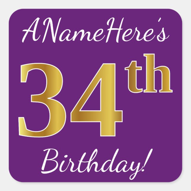 Pegatina Cuadrada Morado, Faux Gold 34th Birthday + Nombre personali (Anverso)