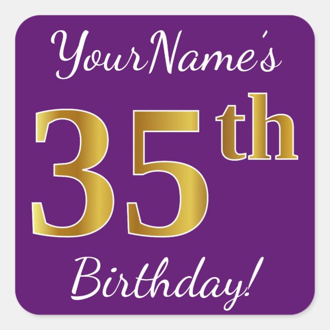 Pegatina Cuadrada Morado, Faux Gold 35th Birthday + Nombre personali (Anverso)