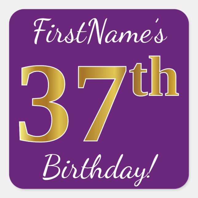 Pegatina Cuadrada Morado, Faux Gold 37th Birthday + Nombre personali (Anverso)