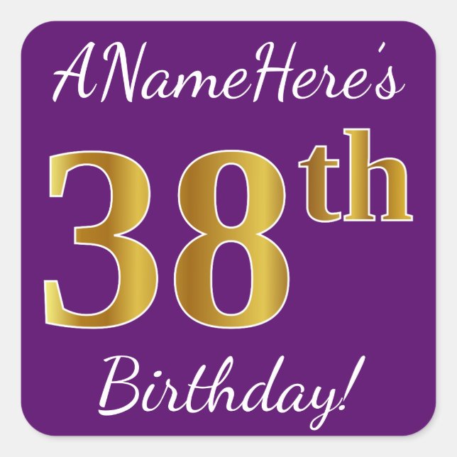 Pegatina Cuadrada Morado, Faux Gold 38th Birthday + Nombre personali (Anverso)