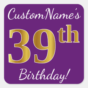 Pegatina Cuadrada Morado, Faux Gold 39th Birthday + Nombre personali