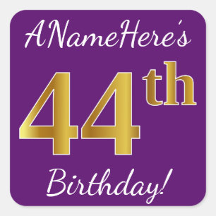 Pegatina Cuadrada Morado, Faux Gold 44th Birthday + Nombre personali
